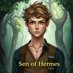 A fantasy book cover featuring a 17-year-old male character, the son of Hermes