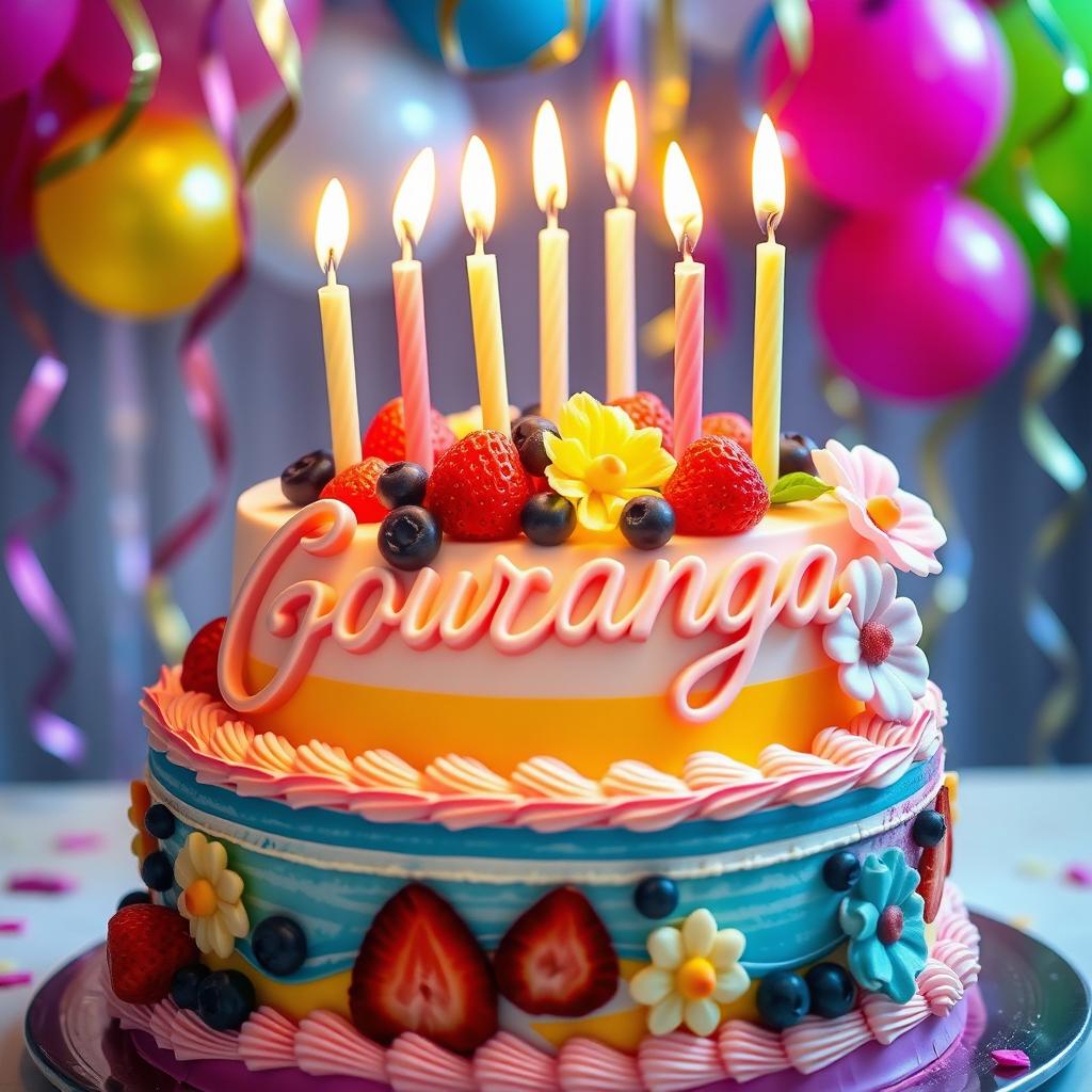 A beautifully designed birthday cake featuring the name 'Gouranga' in elegant, scripted lettering