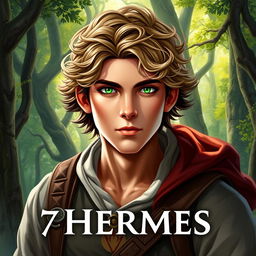 A fantasy book cover featuring a 17-year-old male character, the son of Hermes