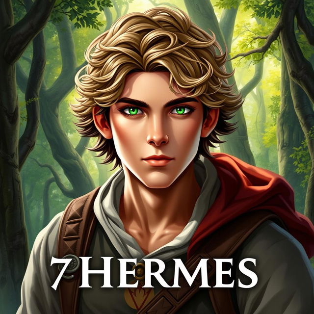 A fantasy book cover featuring a 17-year-old male character, the son of Hermes