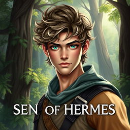 A fantasy book cover featuring a 17-year-old male character, the son of Hermes