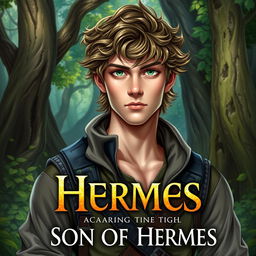 A fantasy book cover featuring a 17-year-old male character, the son of Hermes