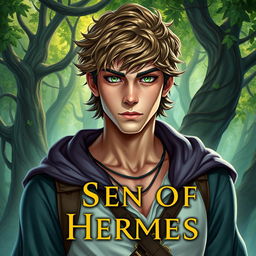 A fantasy book cover featuring a 17-year-old male character, the son of Hermes