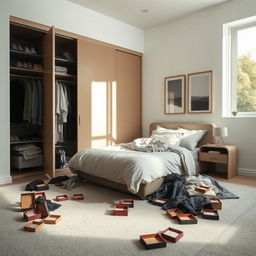 A modern bedroom in a contemporary house, featuring a messy atmosphere with clothes strewn across the floor and an open wardrobe displaying disorganized clothing