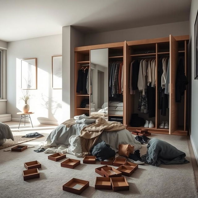 A modern bedroom in a contemporary house, featuring a messy atmosphere with clothes strewn across the floor and an open wardrobe displaying disorganized clothing