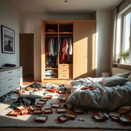 A modern bedroom in a contemporary house, featuring a messy atmosphere with clothes strewn across the floor and an open wardrobe displaying disorganized clothing
