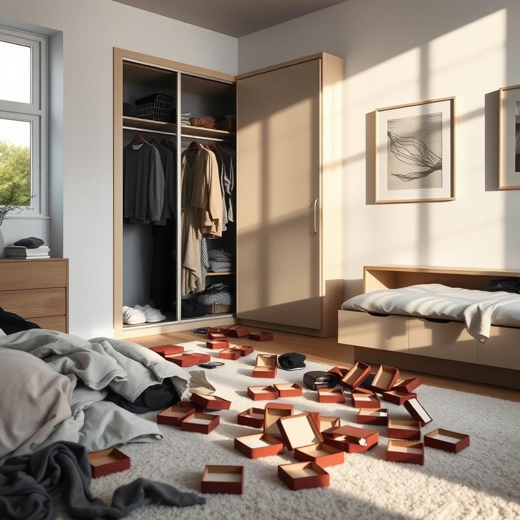 A modern bedroom in a contemporary house, featuring a messy atmosphere with clothes strewn across the floor and an open wardrobe displaying disorganized clothing