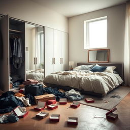 A modern bedroom in a contemporary house, depicting a chaotic scene after a house robbery