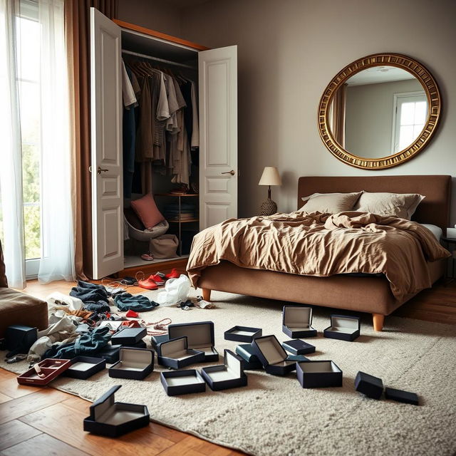 A modern bedroom in a contemporary house, depicting a chaotic scene after a house robbery