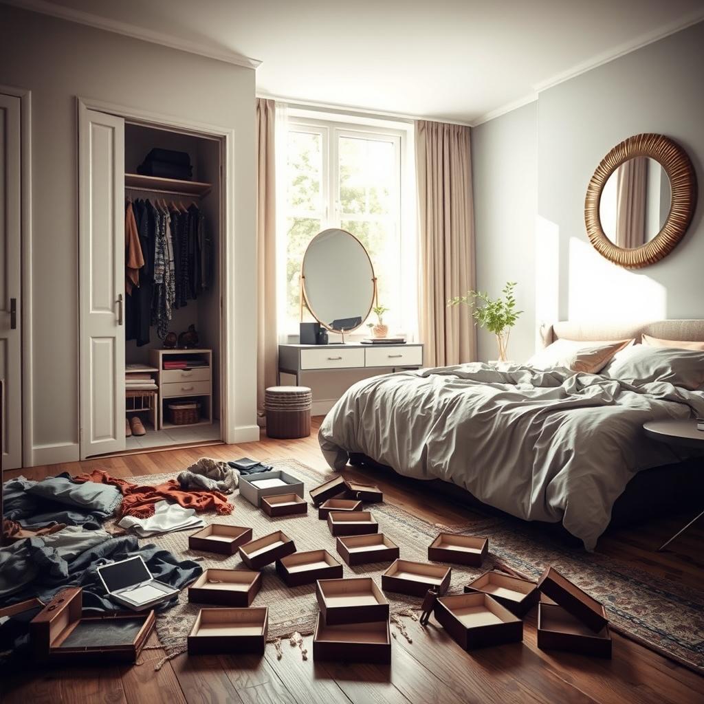 A modern bedroom in a contemporary house, depicting a chaotic scene after a house robbery