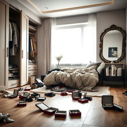 A modern bedroom in a contemporary house, depicting a chaotic scene after a house robbery