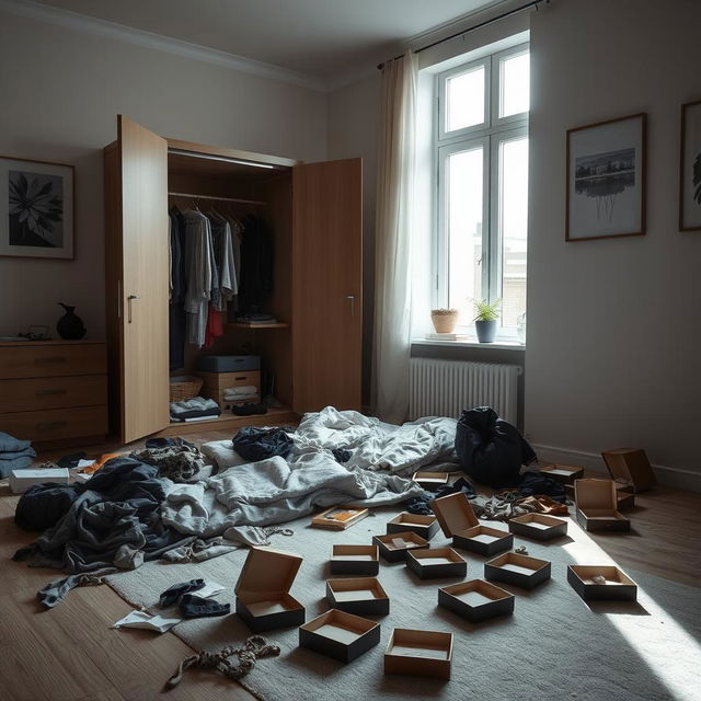 A modern bedroom in a contemporary house, featuring a messy atmosphere with clothes strewn across the floor and an open wardrobe displaying disorganized clothing