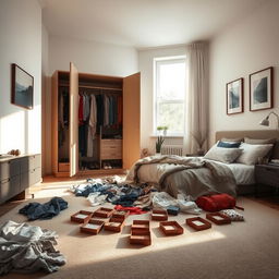 A modern bedroom in a contemporary house, featuring a messy atmosphere with clothes strewn across the floor and an open wardrobe displaying disorganized clothing