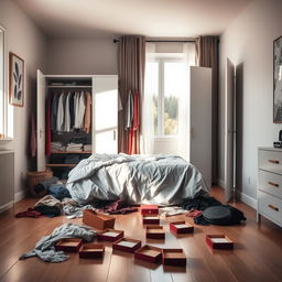 A modern bedroom in a contemporary house, featuring a messy atmosphere with clothes strewn across the floor and an open wardrobe displaying disorganized clothing
