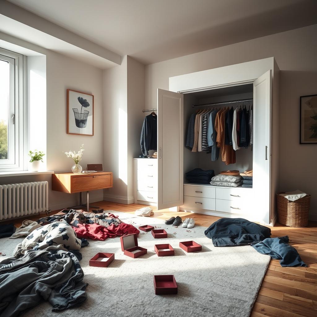 A modern bedroom in a contemporary house, featuring a messy atmosphere with clothes strewn across the floor and an open wardrobe displaying disorganized clothing