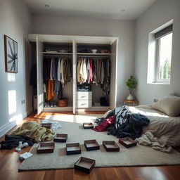 A modern bedroom in a contemporary house, featuring a messy atmosphere with clothes strewn across the floor and an open wardrobe displaying disorganized clothing