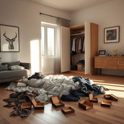 A modern bedroom in a contemporary house, featuring a messy atmosphere with clothes strewn across the floor and an open wardrobe displaying disorganized clothing