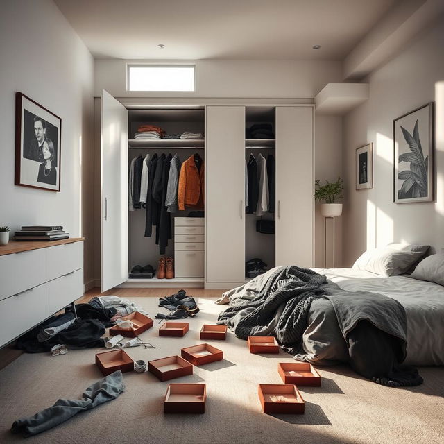 A modern bedroom in a contemporary house, featuring a messy atmosphere with clothes strewn across the floor and an open wardrobe displaying disorganized clothing