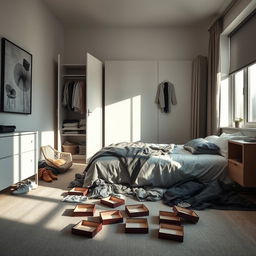 A modern bedroom in a contemporary house, featuring a messy atmosphere with clothes strewn across the floor and an open wardrobe displaying disorganized clothing