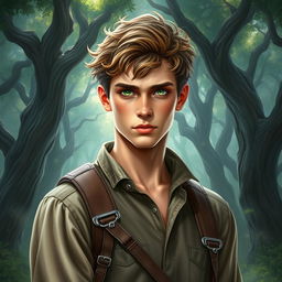 A realistic fantasy book cover featuring a 17-year-old male character with vivid green eyes and dark blonde, slightly curly hair