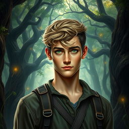 A realistic fantasy book cover featuring a 17-year-old male character with vivid green eyes and dark blonde, slightly curly hair
