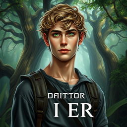 A realistic fantasy book cover featuring a 17-year-old male character with vivid green eyes and dark blonde, slightly curly hair