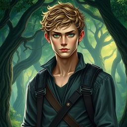 A realistic fantasy book cover featuring a 17-year-old male character with vivid green eyes and dark blonde, slightly curly hair