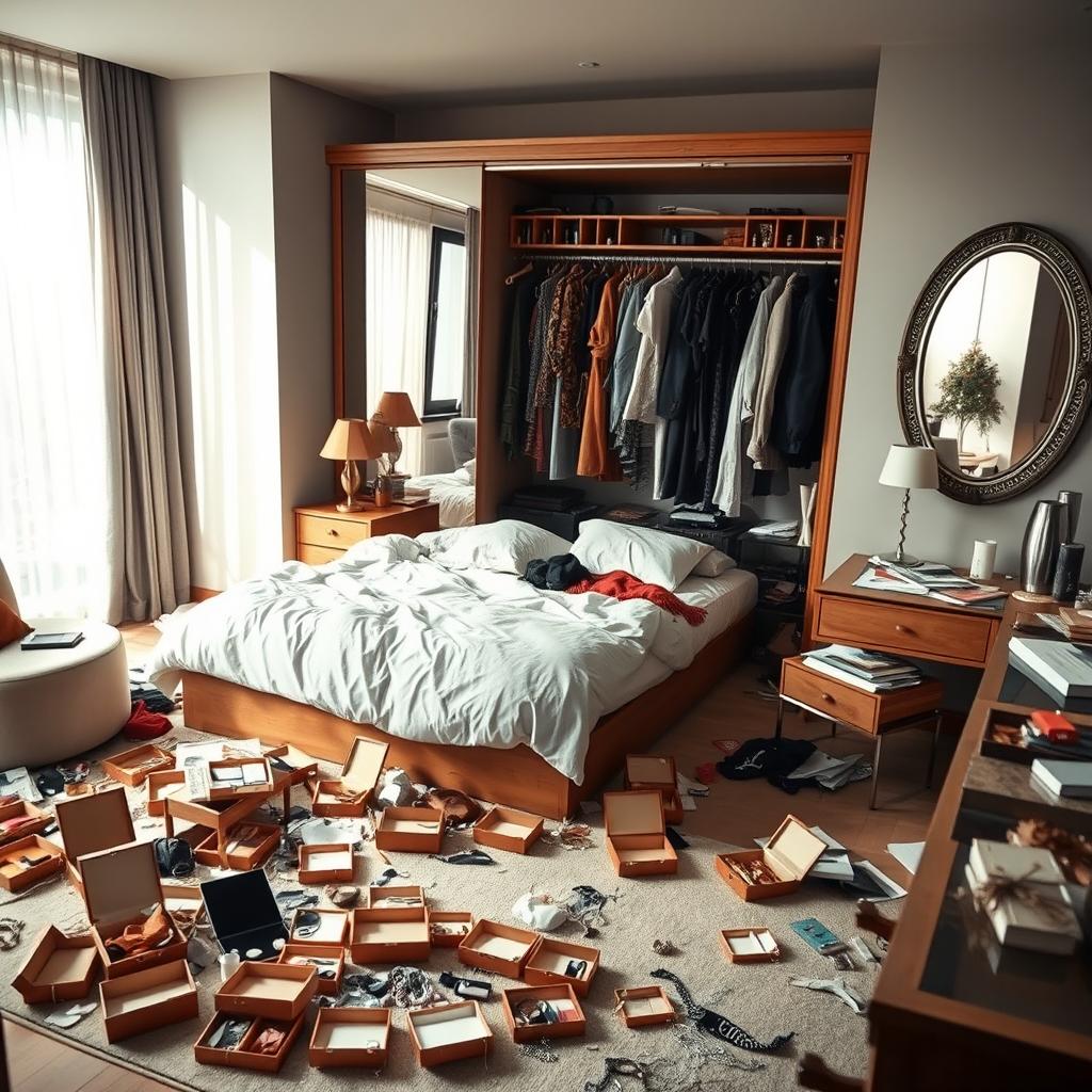 A modern bedroom in a contemporary house, capturing the aftermath of a house robbery