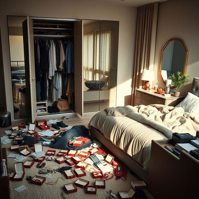 A modern bedroom in a contemporary house, capturing the aftermath of a house robbery