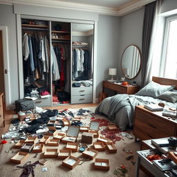 A modern bedroom in a contemporary house, capturing the aftermath of a house robbery