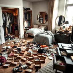 A modern bedroom in a contemporary house, capturing the aftermath of a house robbery