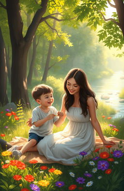 A heartwarming digital painting of a mother and her young son having a joyful moment in a beautiful natural setting