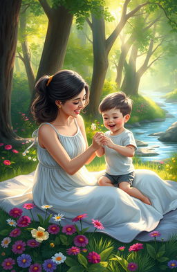 A heartwarming digital painting of a mother and her young son having a joyful moment in a beautiful natural setting