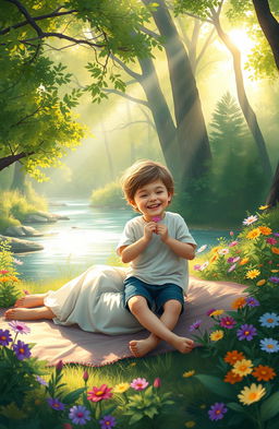A heartwarming digital painting of a mother and her young son having a joyful moment in a beautiful natural setting