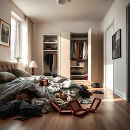 A modern bedroom in a contemporary house, featuring a messy atmosphere with clothes strewn across the floor and an open wardrobe displaying disorganized clothing