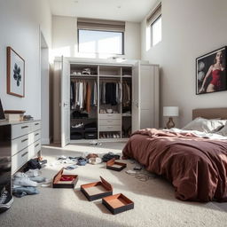 A modern bedroom in a contemporary house, featuring a messy atmosphere with clothes strewn across the floor and an open wardrobe displaying disorganized clothing