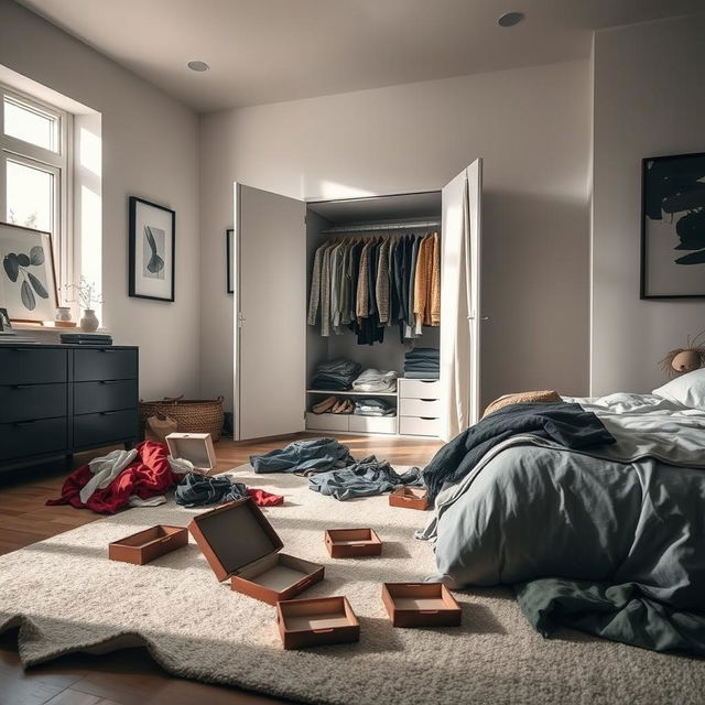 A modern bedroom in a contemporary house, featuring a messy atmosphere with clothes strewn across the floor and an open wardrobe displaying disorganized clothing