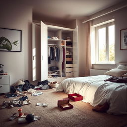 A modern bedroom in a contemporary house, featuring a messy atmosphere with clothes strewn across the floor and an open wardrobe displaying disorganized clothing