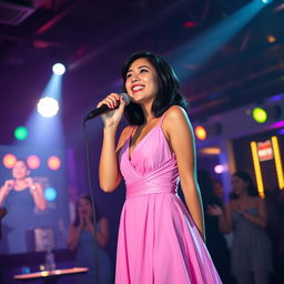 A petite 20 year old Asian-American woman with medium length black hair and striking blue eyes, wearing an elegant, flowing pink dress