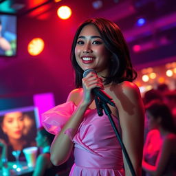 A petite 20 year old Asian-American woman with medium length black hair and striking blue eyes, wearing an elegant, flowing pink dress
