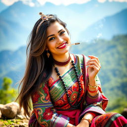 A beautiful Nepali woman dressed in traditional Tamang culture attire, which includes a colorful 'gunyo cholo' with intricate patterns, adorned with jewelry such as a 'mukut' tiara and 'pote' necklaces