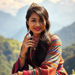 A beautiful Nepali woman dressed in traditional Tamang culture attire, which includes a colorful 'gunyo cholo' with intricate patterns, adorned with jewelry such as a 'mukut' tiara and 'pote' necklaces