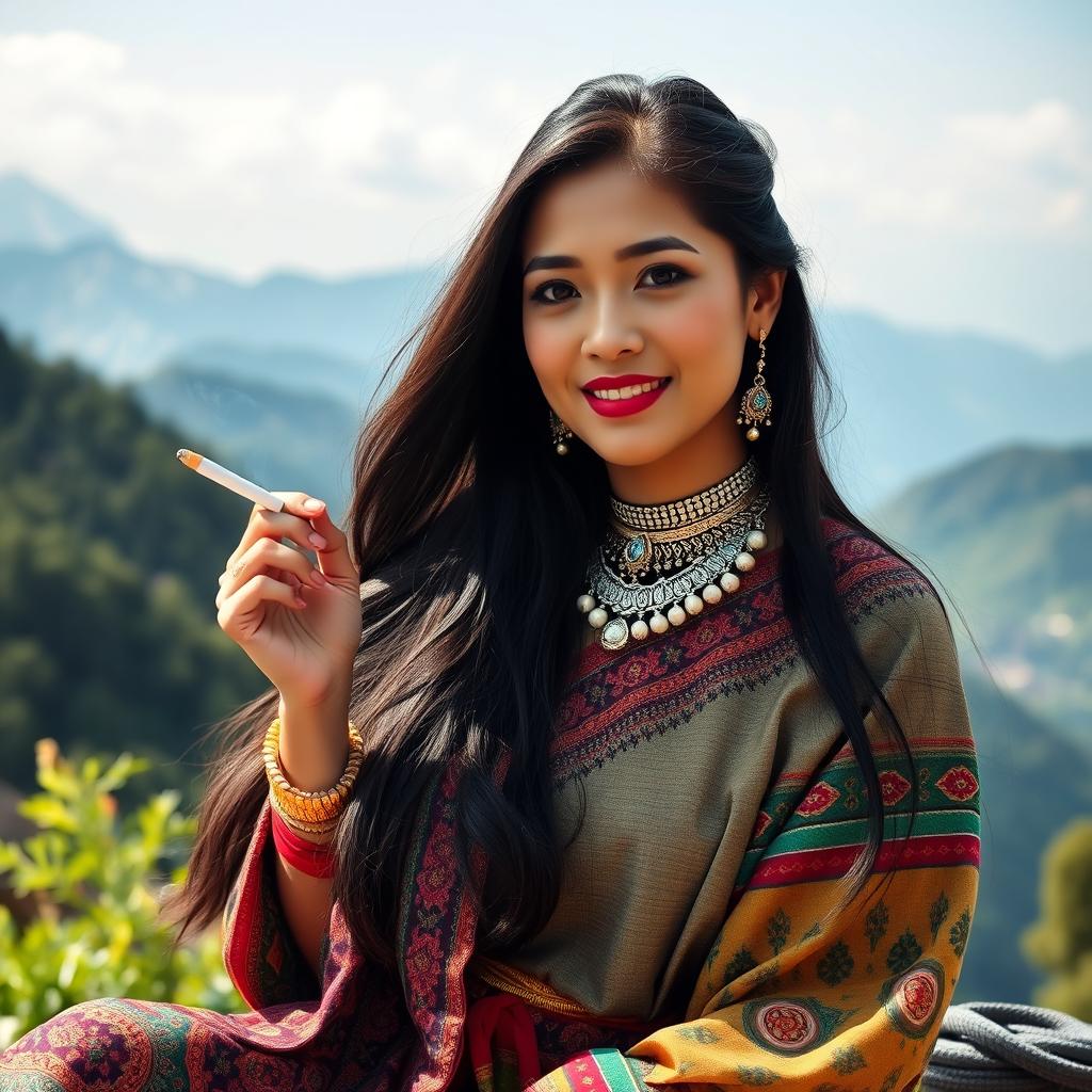 A beautiful Nepali woman dressed in traditional Tamang culture attire, which includes a colorful 'gunyo cholo' with intricate patterns, adorned with jewelry such as a 'mukut' tiara and 'pote' necklaces