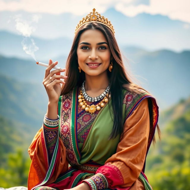 A beautiful Nepali woman dressed in traditional Tamang culture attire, which includes a colorful 'gunyo cholo' with intricate patterns, adorned with jewelry such as a 'mukut' tiara and 'pote' necklaces