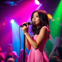 A full-length photograph of a petite 20 year old Asian-American woman with thick medium length black hair and captivating blue eyes, dressed in an elegant pink dress