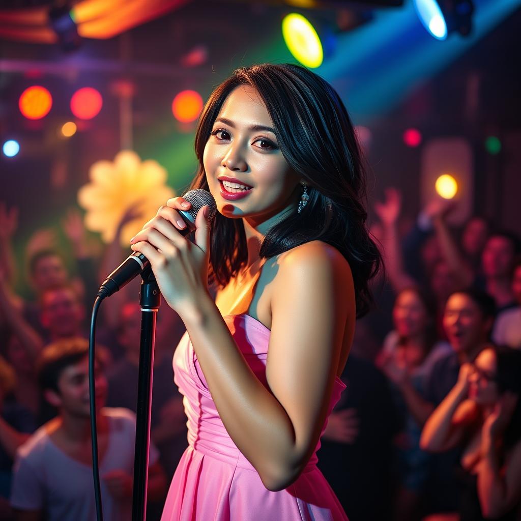 A full-length photograph of a petite 20 year old Asian-American woman with thick medium length black hair and captivating blue eyes, dressed in an elegant pink dress