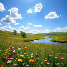 A bright day scene featuring a serene landscape, with a clear blue sky dotted with fluffy white clouds