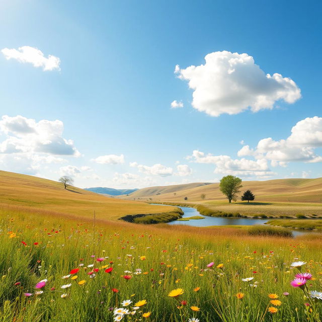 A bright day scene featuring a serene landscape, with a clear blue sky dotted with fluffy white clouds