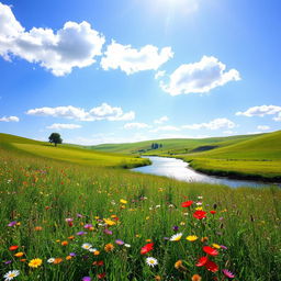 A bright day scene featuring a serene landscape, with a clear blue sky dotted with fluffy white clouds