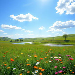 A bright day scene featuring a serene landscape, with a clear blue sky dotted with fluffy white clouds